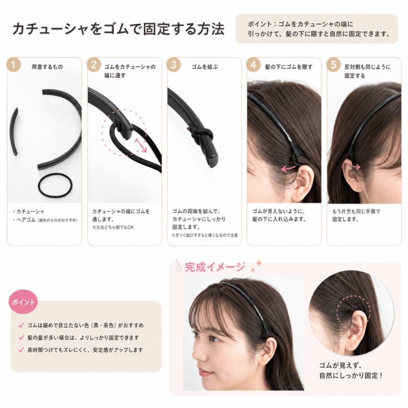 カチューシャをゴムで固定する