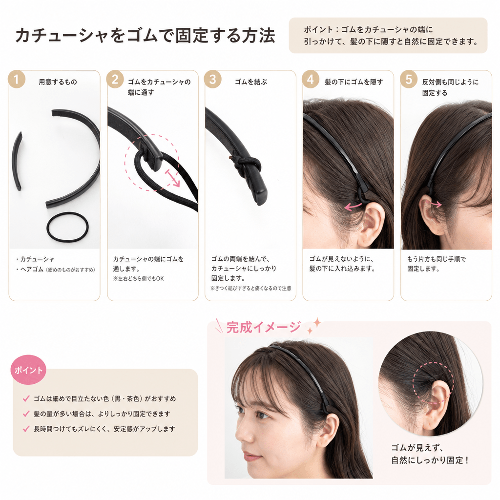 カチューシャをゴムで固定する
