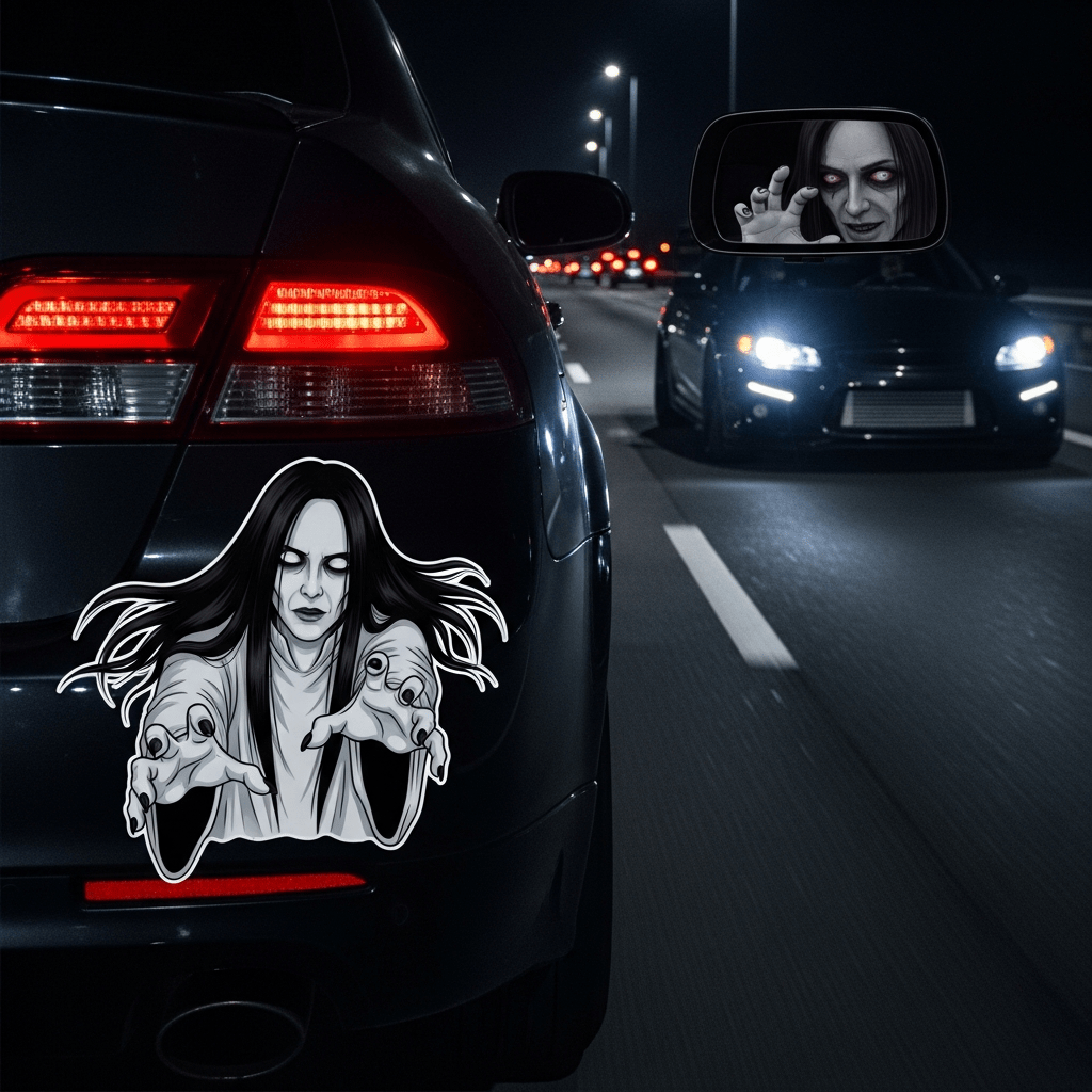 Illustration of 幽霊ステッカーは最終兵器？恐怖で煽り運転を撃退